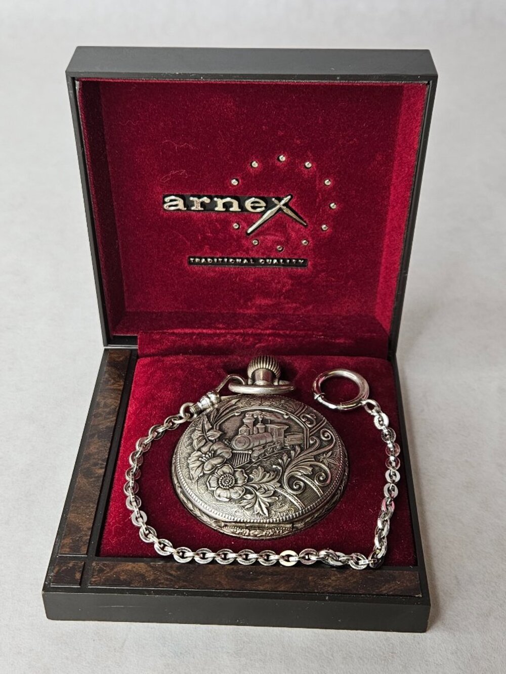 Vintage Stainless Steel Arnex Pocket Watch Train Locomotive with Box